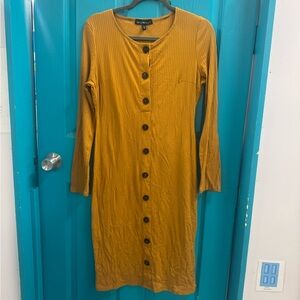 Mustard, faux button-Down midi body con dress Derek Hart size large